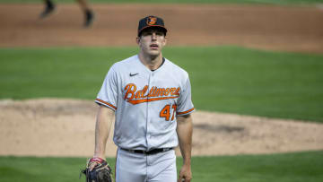 May 24, 2021; Minneapolis, Minnesota, USA; Baltimore Orioles starting pitcher John Means (47) walks off the mound after getting the third out in the fifth inning against the Minnesota Twins at Target Field. Mandatory Credit: Jesse Johnson-USA TODAY Sports