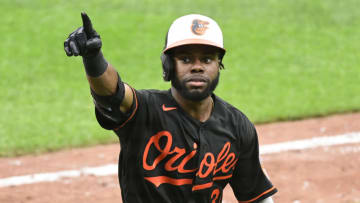 Jun 19, 2021; Baltimore, Maryland, USA; Baltimore Orioles center fielder Cedric Mullins (31) reacts after hitting his second home run of the day in the seventh inning against the Toronto Blue Jays at Oriole Park at Camden Yards. Mandatory Credit: Tommy Gilligan-USA TODAY Sports