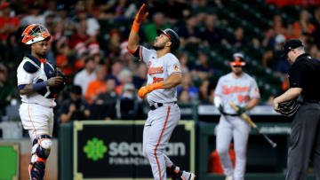 Jun 29, 2021; Houston, Texas, USA; Baltimore Orioles designated hitter Anthony Santander (25) crosses home plate after hitting a home run against the Houston Astros during the eighth inning at Minute Maid Park. Mandatory Credit: Erik Williams-USA TODAY Sports
