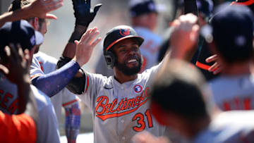 Jul 4, 2021; Anaheim, California, USA; Baltimore Orioles center fielder Cedric Mullins (31) is greeted after hitting a solo home run against the Los Angeles Angels during the ninth inning at Angel Stadium. Mandatory Credit: Gary A. Vasquez-USA TODAY Sports