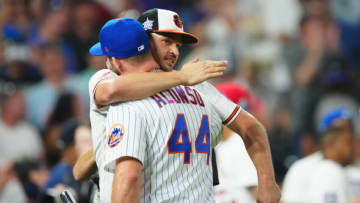 Jul 12, 2021; Denver, CO, USA; New York Mets first baseman Pete Alonso is greeted by Baltimore Orioles first baseman Trey Mancini following his victory in the 2021 MLB Home Run Derby. Mandatory Credit: Mark J. Rebilas-USA TODAY Sports