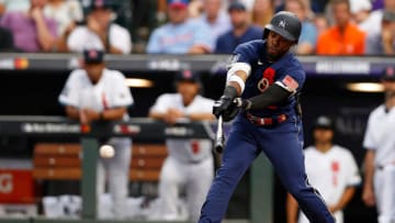 Jul 13, 2021; Denver, Colorado, USA; American League center fielder Cedric Mullins of the Baltimore Orioles (31) hits a single against the National League during the fifth inning during the 2021 MLB All Star Game at Coors Field. Mandatory Credit: Isaiah J. Downing-USA TODAY Sports
