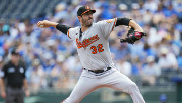 Jul 18, 2021; Kansas City, Missouri, USA; Baltimore Orioles starting pitcher Matt Harvey (32) pitches against the Kansas City Royals during the first inning at Kauffman Stadium. Mandatory Credit: Jay Biggerstaff-USA TODAY Sports