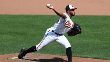 Aug 8, 2021; Baltimore, Maryland, USA; Baltimore Orioles relief pitcher Dillon Tate (55) makes a throw during the eighth inning against the Tampa Bay Rays at Oriole Park at Camden Yards. Mandatory Credit: Daniel Kucin Jr.-USA TODAY Sports