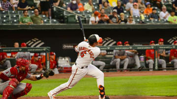 Aug 24, 2021; Baltimore, Maryland, USA; Baltimore Orioles first baseman Ryan Mountcastle (6) hits a first inning solo home run against the Los Angeles Angels at Oriole Park at Camden Yards. Mandatory Credit: Tommy Gilligan-USA TODAY Sports