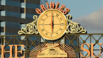 Sep 30, 2021; Baltimore, Maryland, USA; The Orioles clock on the scoreboard at Oriole Park at Camden Yards is seen before a baseball game between the Baltimore Orioles and the Boston Red Sox. Mandatory Credit: Mitchell Layton-USA TODAY Sports
