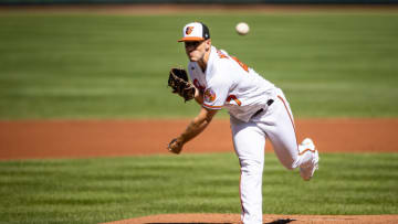Sep 26, 2021; Baltimore, Maryland, USA; Baltimore Orioles starting pitcher John Means (47) pitches against the Texas Rangers during the first inning at Oriole Park at Camden Yards. Mandatory Credit: Scott Taetsch-USA TODAY Sports