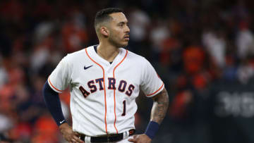 Nov 2, 2021; Houston, TX, USA; Houston Astros shortstop Carlos Correa (1) reacts after striking out against the Atlanta Braves during the sixth inning in game six of the 2021 World Series at Minute Maid Park. Mandatory Credit: Troy Taormina-USA TODAY Sports