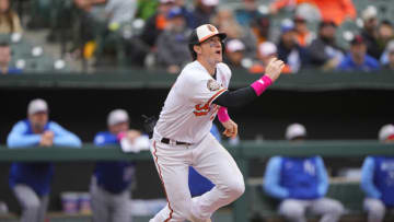 Baltimore Orioles left fielder Austin Hays (21) watches his base hit. Mandatory Credit: Gregory Fisher-USA TODAY Sports