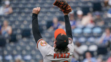 Jun 12, 2022; Kansas City, Missouri, USA; Baltimore Orioles relief pitcher Cionel Perez (58) celebrates after the victory against the Kansas City Royals at Kauffman Stadium. Mandatory Credit: Denny Medley-USA TODAY Sports