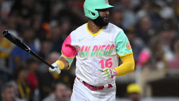 Jul 8, 2022; San Diego, California, USA; San Diego Padres right fielder Nomar Mazara (16) watches his RBI single against the San Francisco Giants during the sixth inning at Petco Park. Mandatory Credit: Orlando Ramirez-USA TODAY Sports