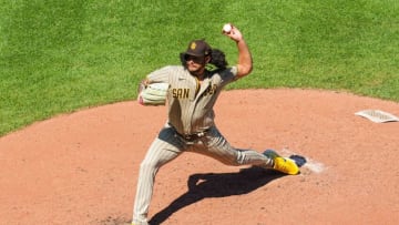 Aug 28, 2022; Kansas City, Missouri, USA; San Diego Padres starting pitcher Sean Manaea (55) pitches against the Kansas City Royals during the fourth inning at Kauffman Stadium. Mandatory Credit: Jay Biggerstaff-USA TODAY Sports