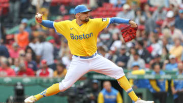 Sep 29, 2022; Boston, Massachusetts, USA; Boston Red Sox starting pitcher Nathan Eovaldi (17) throws a pitch during the second inning against the Baltimore Orioles at Fenway Park. Mandatory Credit: Paul Rutherford-USA TODAY Sports