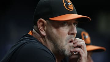 Aug 17, 2021; St. Petersburg, Florida, USA; Baltimore Orioles manager Brandon Hyde looks on against the Tampa Bay Rays at Tropicana Field. Mandatory Credit: Kim Klement-USA TODAY Sports
