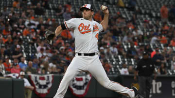 Apr 13, 2022; Baltimore, Maryland, USA; Baltimore Orioles starting pitcher John Means (47) delivers a second inning pitch against the Milwaukee Brewers at Oriole Park at Camden Yards. Mandatory Credit: Tommy Gilligan-USA TODAY Sports