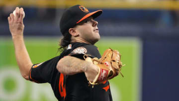 Aug 13, 2022; St. Petersburg, Florida, USA; Baltimore Orioles starting pitcher DL Hall (49) throws a pitch in the first inning against the Tampa Bay Rays at Tropicana Field. Mandatory Credit: Dave Nelson-USA TODAY Sports