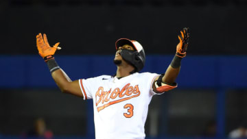 Aug 21, 2022; Williamsport, Pennsylvania, USA; Baltimore Orioles shortstop Jorge Mateo (3) reacts after hitting a three run double in the eighth inning against the Boston Red Sox at Muncy Bank Ballpark at Historic Bowman Field. Mandatory Credit: Evan Habeeb-USA TODAY Sports