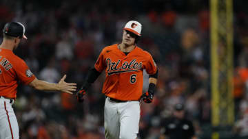 Sep 3, 2022; Baltimore, Maryland, USA; Baltimore Orioles first baseman Ryan Mountcastle (6) heads home after hitting a two-run home run against the Oakland Athletics during the first inning at Oriole Park at Camden Yards. Mandatory Credit: Brent Skeen-USA TODAY Sports