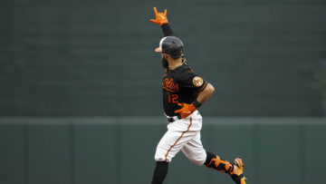 Sep 5, 2022; Baltimore, Maryland, USA; Baltimore Orioles second baseman Rougned Odor (12) reacts after hitting a home run against the Toronto Blue Jays during the second inning at Oriole Park at Camden Yards. Mandatory Credit: Brent Skeen-USA TODAY Sports