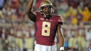 Sep 5, 2015; Tallahassee, FL, USA; Florida State Seminoles defensive back Jalen Ramsey (8) pumps up the crowd during the first half of the game against the Texas State Bobcats at Doak Campbell Stadium. Mandatory Credit: Melina Vastola-USA TODAY Sports