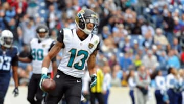 Dec 6, 2015; Nashville, TN, USA; Jacksonville Jaguars receiver Rashad Greene (13) after a touchdown reception during the first half against the Tennessee Titans at Nissan Stadium. Mandatory Credit: Christopher Hanewinckel-USA TODAY Sports
