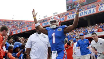 Nov 21, 2015; Gainesville, FL, USA; Florida Gators defensive back Vernon Hargreaves III (1) runs out of the tunnel before the game against the Florida Atlantic Owls at Ben Hill Griffin Stadium. Mandatory Credit: Kim Klement-USA TODAY Sports