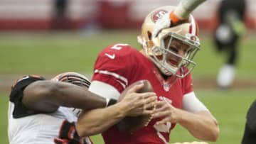 Dec 20, 2015; Santa Clara, CA, USA; Cincinnati Bengals defensive tackle Geno Atkins (97) sacks San Francisco 49ers quarterback Blaine Gabbert (2) during the third quarter at Levi