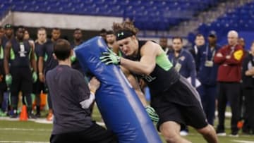 Feb 28, 2016; Indianapolis, IN, USA; Ohio State Buckeyes defensive lineman Joey Bosa participates in workout drills during the 2016 NFL Scouting Combine at Lucas Oil Stadium. Mandatory Credit: Brian Spurlock-USA TODAY Sports