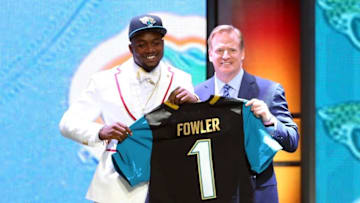 Apr 30, 2015; Chicago, IL, USA; Dante Fowler, Jr (Florida) greets NFL commissioner Roger Goodell is selected by the Jacksonville Jaguars as the number three overall pick in the first round of the 2015 NFL Draft at the Auditorium Theatre of Roosevelt University. Mandatory Credit: Jerry Lai-USA TODAY Sports