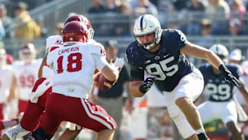 Oct 10, 2015; University Park, PA, USA; Penn State Nittany Lions defensive end Carl Nassib (95) pressures Indiana Hoosiers quarterback Danny Cameron (18) during the fourth quarter at Beaver Stadium. Penn State defeated Indiana 29-7. Mandatory Credit: Matthew O