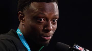 Feb 27, 2016; Indianapolis, IN, USA; Ohio State defensive back Eli Apple speaks to the media during the 2016 NFL Scouting Combine at Lucas Oil Stadium. Mandatory Credit: Trevor Ruszkowski-USA TODAY Sports