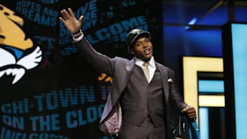 Apr 28, 2016; Chicago, IL, USA; Jalen Ramsey (Florida State) is selected by the Jacksonville Jaguars as the number five overall pick in the first round of the 2016 NFL Draft at Auditorium Theatre. Mandatory Credit: Kamil Krzaczynski-USA TODAY Sports