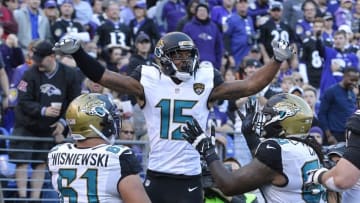 Nov 15, 2015; Baltimore, MD, USA; Jacksonville Jaguars wide receiver Allen Robinson (15) celebrates with teammates after catching a touchdown pass during the fourth quarter against the Baltimore Ravens at M&T Bank Stadium. Mandatory Credit: Tommy Gilligan-USA TODAY Sports