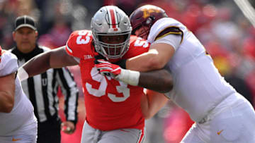 COLUMBUS, OH - OCTOBER 13: Davon Hamilton #53 of the Ohio State Buckeyes tracks the ballcarrier against the Minnesota Gophers at Ohio Stadium on October 13, 2018 in Columbus, Ohio. Ohio State defeated Minnesota 30-14. (Photo by Jamie Sabau/Getty Images)