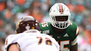MIAMI, FLORIDA - SEPTEMBER 21: Shaquille Quarterman #55 of the Miami Hurricanes looks on in the first half against the Central Michigan Chippewas at Hard Rock Stadium on September 21, 2019 in Miami, Florida. (Photo by Mark Brown/Getty Images)