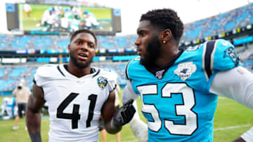 CHARLOTTE, NORTH CAROLINA - OCTOBER 06: Brian Burns #53 of the Carolina Panthers and Josh Allen #41 of the Jacksonville Jaguars talk together after their game at Bank of America Stadium on October 06, 2019 in Charlotte, North Carolina. (Photo by Jacob Kupferman/Getty Images)