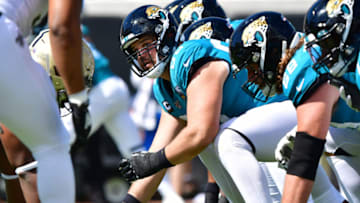 JACKSONVILLE, FLORIDA - OCTOBER 13: Center Brandon Linder #65 of the Jacksonville Jaguars lines up during the first quarter of the game against the New Orleans Saints at TIAA Bank Field on October 13, 2019 in Jacksonville, Florida. (Photo by Julio Aguilar/Getty Images)