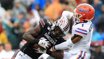 COLUMBIA, SOUTH CAROLINA - OCTOBER 19: Bryan Edwards #89 of the South Carolina Gamecocks makes a catch against CJ Henderson #1 of the Florida Gators during their game at Williams-Brice Stadium on October 19, 2019 in Columbia, South Carolina. (Photo by Streeter Lecka/Getty Images)