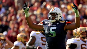 TAMPA, FLORIDA - JANUARY 01: Derrick Brown #5 of the Auburn Tigers reacts to a play during the 2020 Outback Bowl against the Minnesota Golden Gophers at Raymond James Stadium on January 01, 2020 in Tampa, Florida. (Photo by Mike Ehrmann/Getty Images)