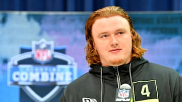 INDIANAPOLIS, INDIANA - FEBRUARY 26: Ben Bartch #OL04 of the St John's-MN interviews during the second day of the 2020 NFL Scouting Combine at Lucas Oil Stadium on February 26, 2020 in Indianapolis, Indiana. (Photo by Alika Jenner/Getty Images)