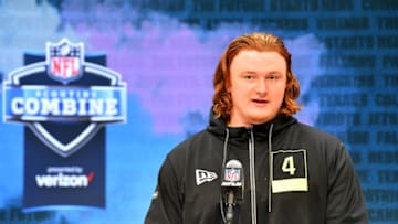 INDIANAPOLIS, INDIANA - FEBRUARY 26: Ben Bartch #OL04 of St John's-MN interviews during the second day of the 2020 NFL Scouting Combine at Lucas Oil Stadium on February 26, 2020 in Indianapolis, Indiana. (Photo by Alika Jenner/Getty Images)