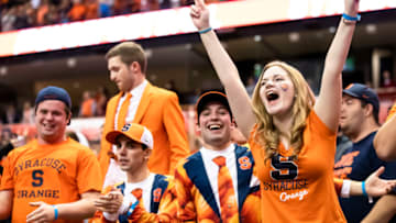 SYRACUSE, NY - OCTOBER 27: Syracuse Orange fans cheer as the team nears a win over North Carolina State Wolfpack at the Carrier Dome on October 27, 2018 in Syracuse, New York. Syracuse upsets North Carolina State 51-41. (Photo by Brett Carlsen/Getty Images)