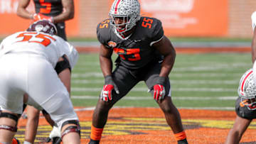 MOBILE, AL - JANUARY 30: Linebacker Baron Browning #55 from Ohio State of the National Team during the 2021 Resse's Senior Bowl at Hancock Whitney Stadium on the campus of the University of South Alabama on January 30, 2021 in Mobile, Alabama. The National Team defeated the American Team 27-24. (Photo by Don Juan Moore/Getty Images)