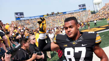 IOWA CITY, IOWA- SEPTEMBER 2: Tight end Noah Fant #87 of the Iowa Hawkeyes after the match-up against the Wyoming Cowboys, on September 2, 2017 at Kinnick Stadium in Iowa City, Iowa. (Photo by Matthew Holst/Getty Images)