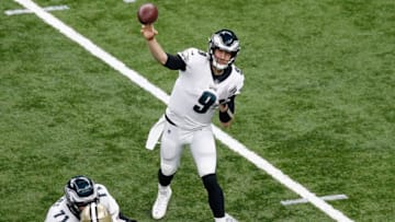 NEW ORLEANS, LOUISIANA - JANUARY 13: Nick Foles #9 of the Philadelphia Eagles attempts a pass during the first quarter against the New Orleans Saints in the NFC Divisional Playoff Game at Mercedes Benz Superdome on January 13, 2019 in New Orleans, Louisiana. (Photo by Jonathan Bachman/Getty Images)