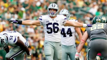 Oct 6, 2018; Waco, TX, USA; Kansas State Wildcats defensive end Wyatt Hubert (56) celebrates a sack against the Baylor Bears during the second half at McLane Stadium. Mandatory Credit: Ray Carlin-USA TODAY Sports