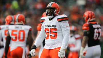 Cleveland Browns defensive tackle Larry Ogunjobi (65) reacts after a tackle for loss in the first quarter of an NFL Week 12 football game, Sunday, Nov. 25, 2018, at Paul Brown Stadium in Cincinnati.Cleveland Browns At Cincinnati Bengals 11 25 2018