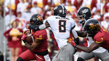 Oct 26, 2019; Ames, IA, USA; Oklahoma State Cowboys cornerback Rodarius Williams (8) moves in for the tackle as Iowa State Cyclones wide receiver Deshaunte Jones (8) runs the ball during the first quarter at Jack Trice Stadium. Mandatory Credit: Jeffrey Becker-USA TODAY Sports