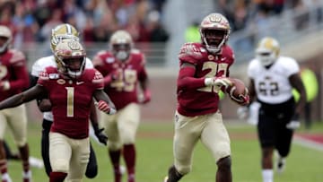 Florida State Seminoles defensive back Hamsah Nasirildeen (23) runs the ball to the end zone. The Florida State Seminoles beat the Alabama State Hornets 49-12 on Saturday, Nov. 16, 2019.Fsu V Alabama St1663