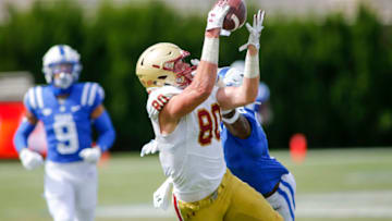 Sep 19, 2020; Durham, North Carolina, USA; Boston College Eagles tight end Hunter Long (80) catches a pass against Duke Blue Devils safety Marquis Waters in the fourth quarter at Wallace Wade Stadium. The Boston College Eagles won 26-6. Mandatory Credit: Nell Redmond-USA TODAY Sports